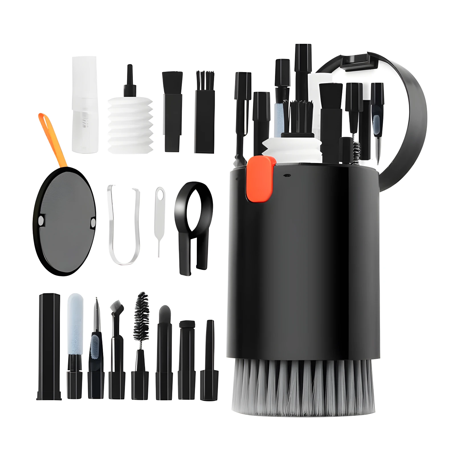 Kit limpieza detallada de gadgets con cepillos, aplicador, pinzas y pulidor en estuche negro y blanco.