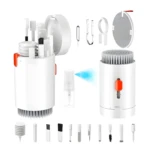 Kit de limpieza blanco para gadgets electrónicos: cepillos, hisopos, pinzas y rociador.