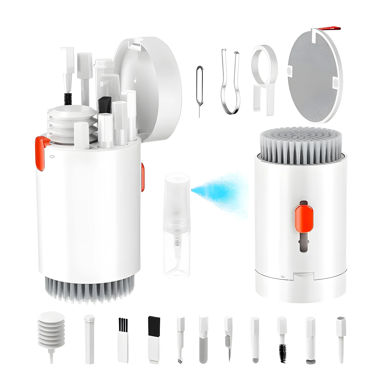 Kit de limpieza blanco para gadgets electrónicos: cepillos, hisopos, pinzas y rociador.