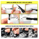Kit limpieza gadgets: cepillo, lápiz y extractor para AirPods y teclados mecánicos.