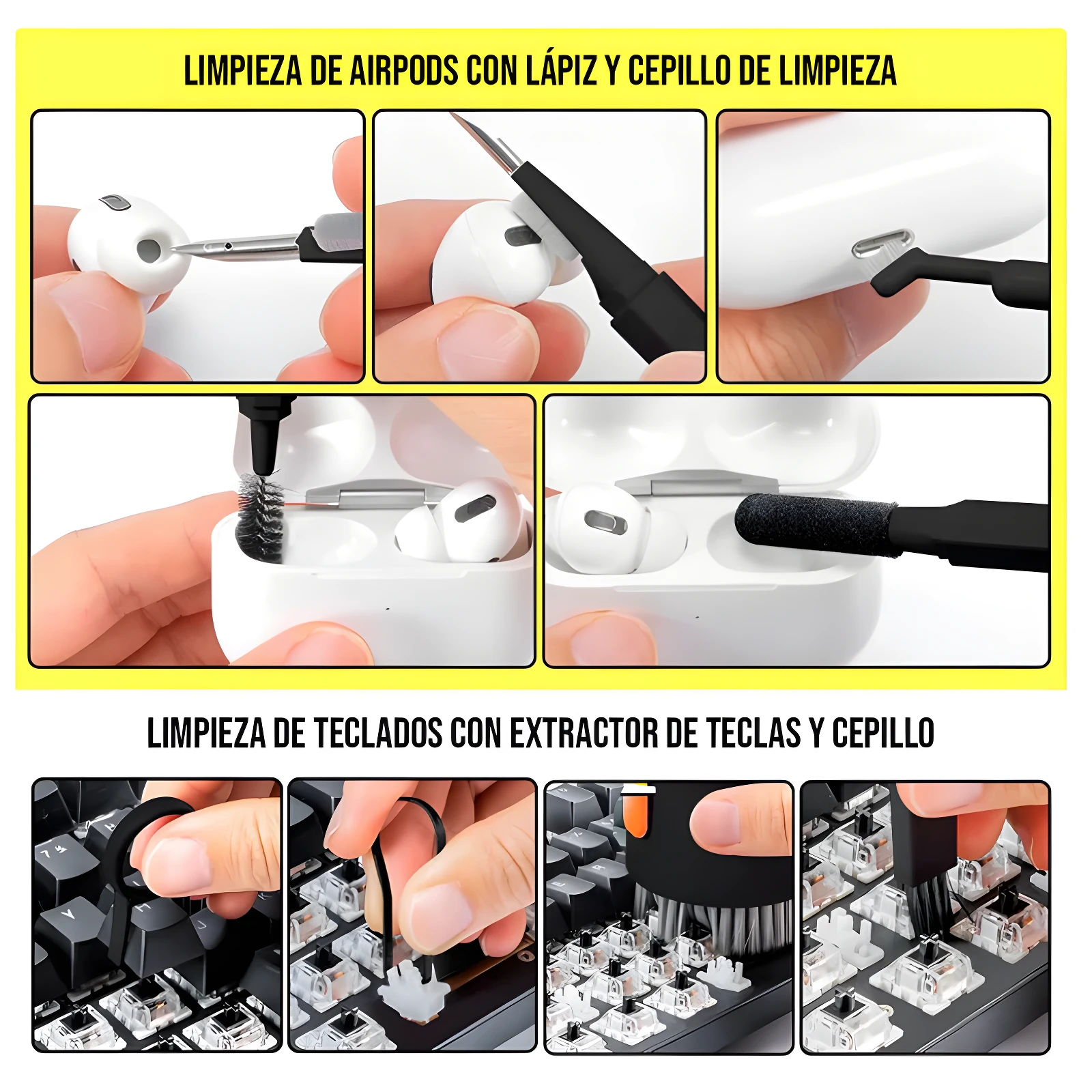 Kit limpieza gadgets: cepillo, lápiz y extractor para AirPods y teclados mecánicos.