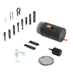 Kit limpieza electrónica: cepillo retráctil, herramientas de precisión, atomizador y adaptadores USB-C.