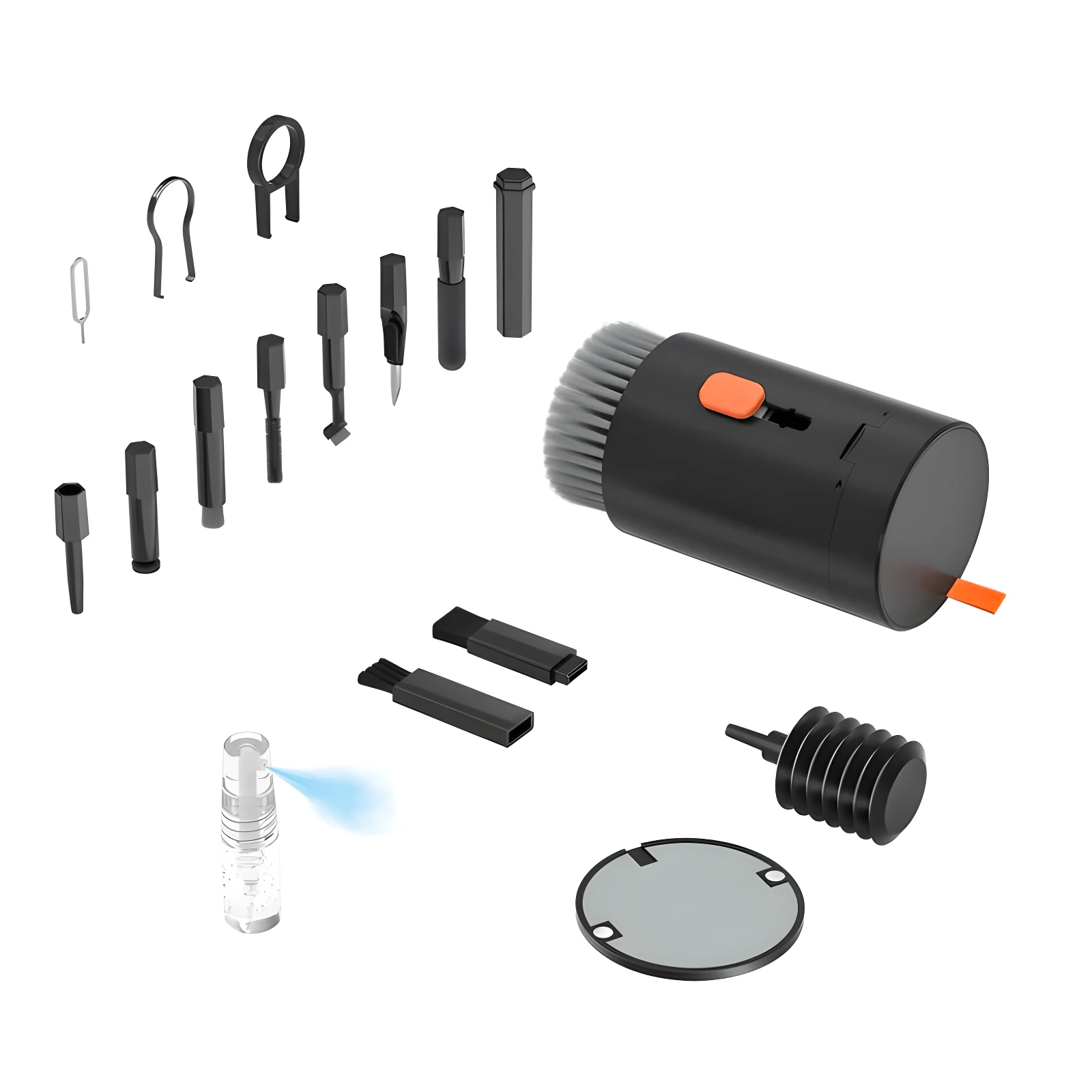 Kit limpieza electrónica: cepillo retráctil, herramientas de precisión, atomizador y adaptadores USB-C.