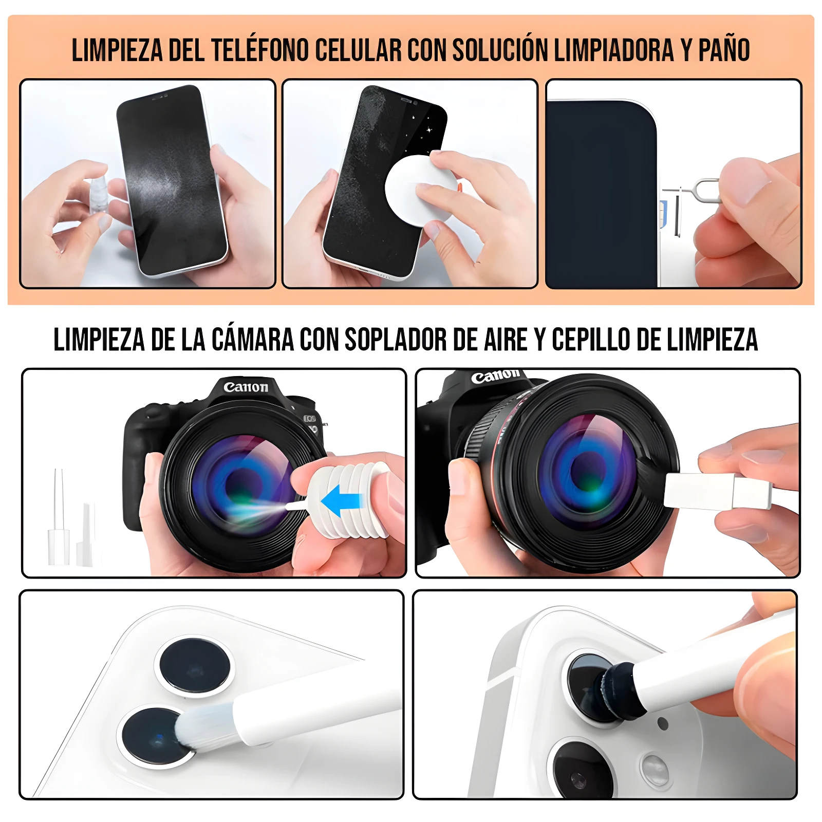 Kit de limpieza para teléfono y cámara: spray, paño, soplador, cepillo y extractor de SIM.