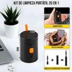 Kit limpieza portátil negro 20 en 1, con medidas 6cm x 9cm, ideal para audífonos y teclados.