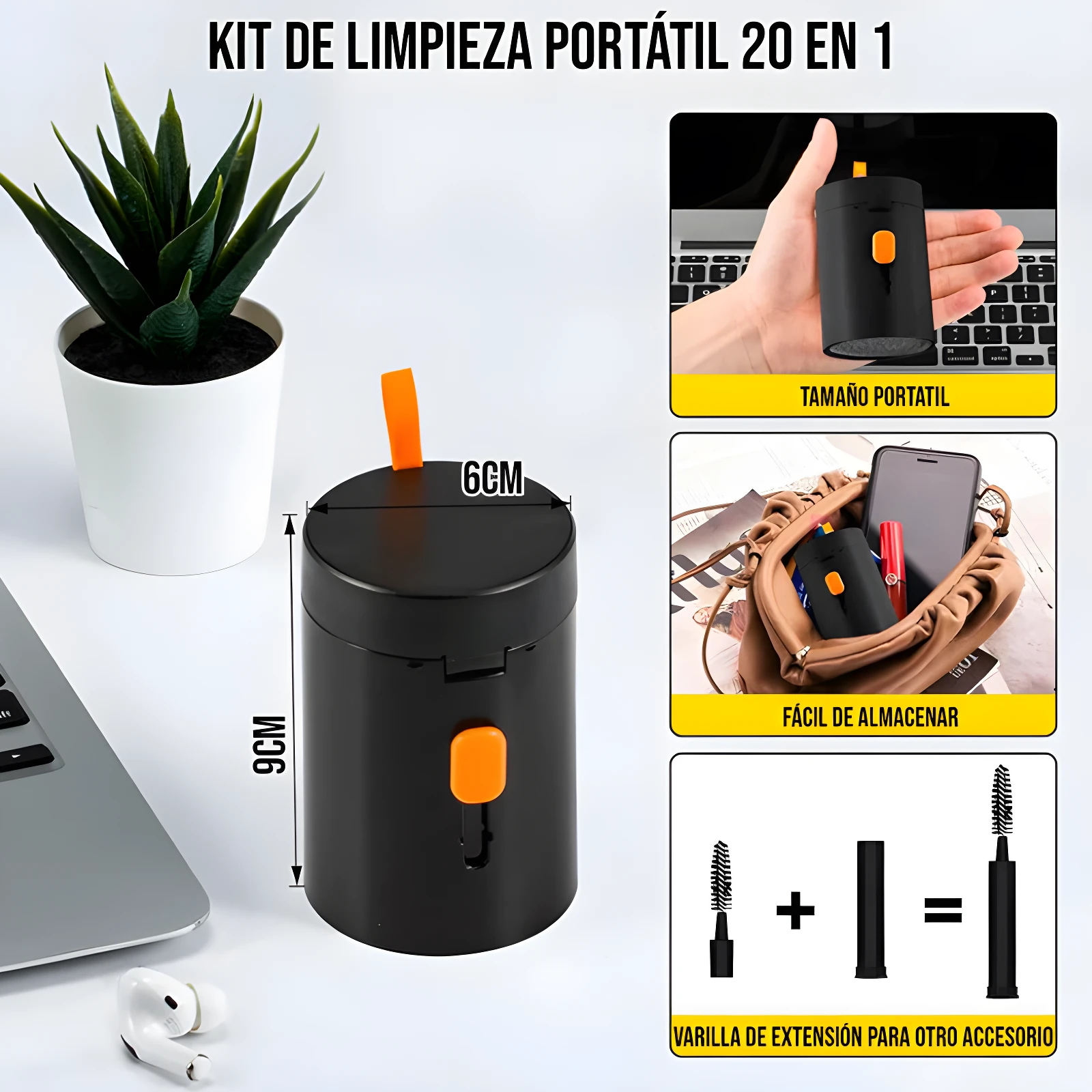 Kit limpieza portátil negro 20 en 1, con medidas 6cm x 9cm, ideal para audífonos y teclados.