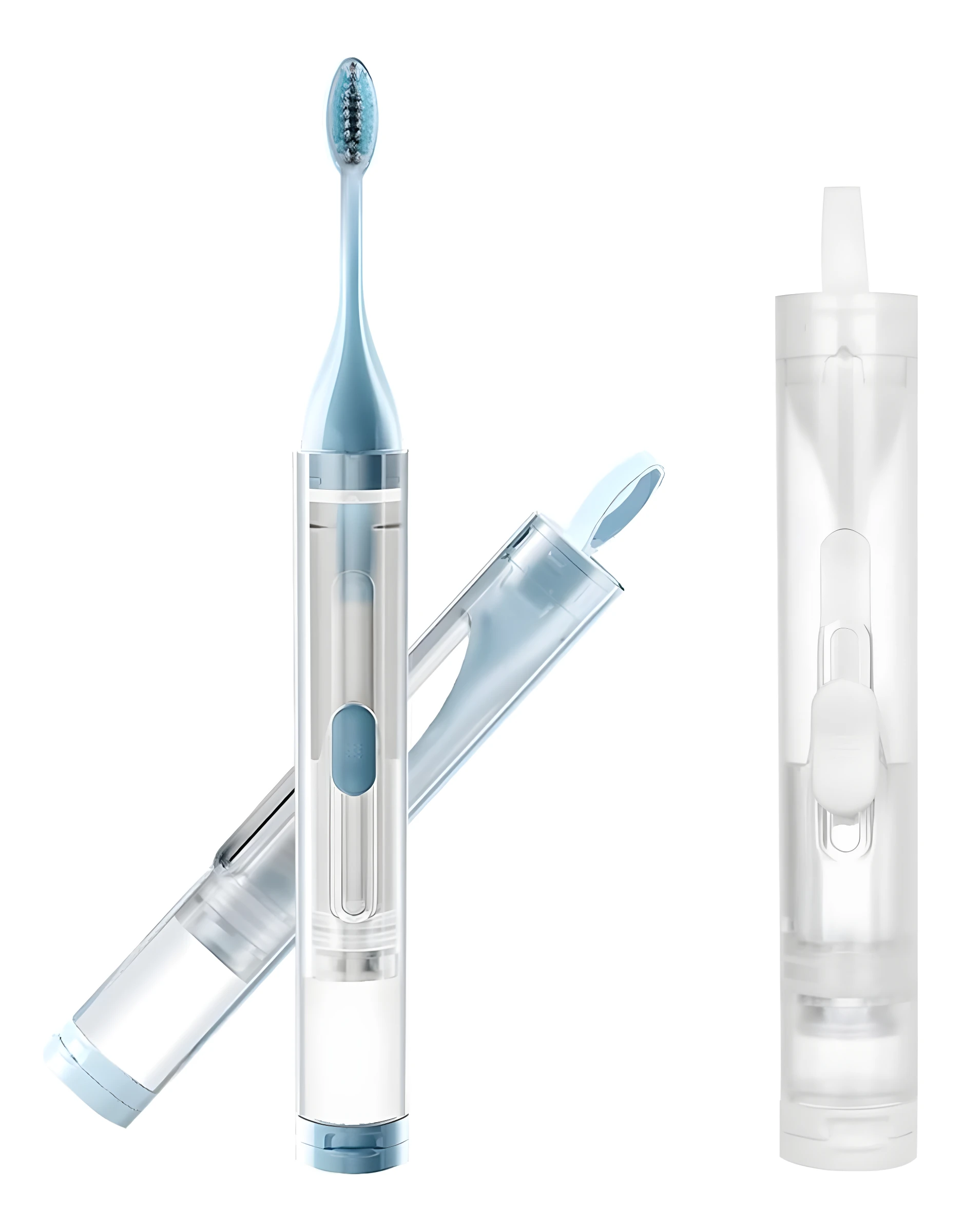 Set x2 cepillos de dientes blancos y azules con dispensador de crema integrado, uno de ellos con capuchón.