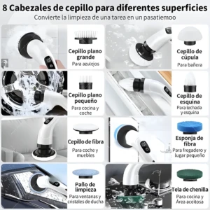 Cepillo eléctrico de limpieza con 8 cabezales intercambiables para diversas superficies y usos.