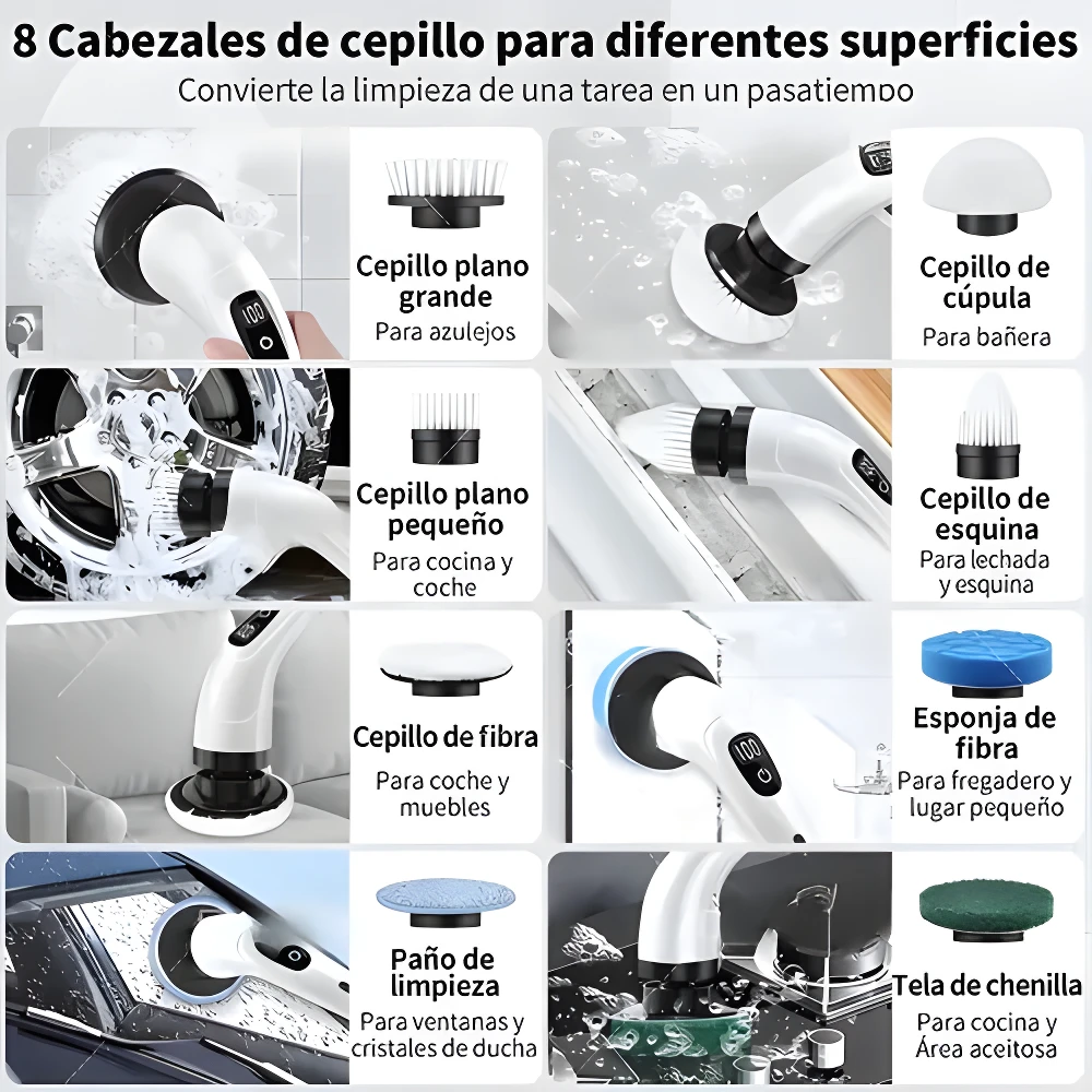 Cepillo eléctrico de limpieza con 8 cabezales intercambiables para diversas superficies y usos.
