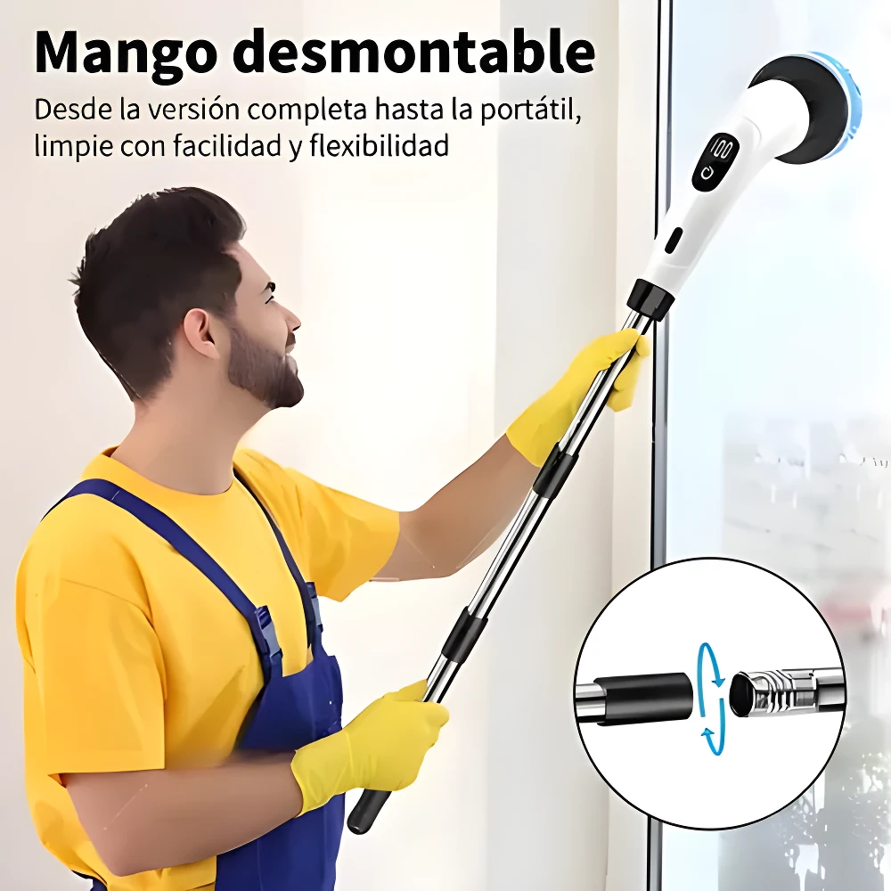 Hombre con guantes amarillos usa cepillo eléctrico de limpieza con mango extensible para limpiar ventana.