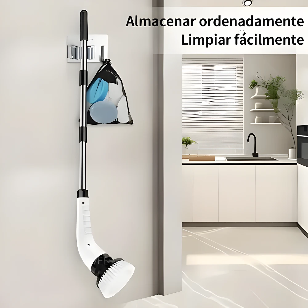 Cepillo eléctrico de limpieza blanco con 7 accesorios, colgado en soporte de pared.
