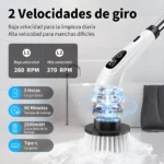 Cepillo eléctrico de limpieza blanco con dos velocidades: 260 RPM para limpieza diaria y 370 RPM para manchas difíciles.