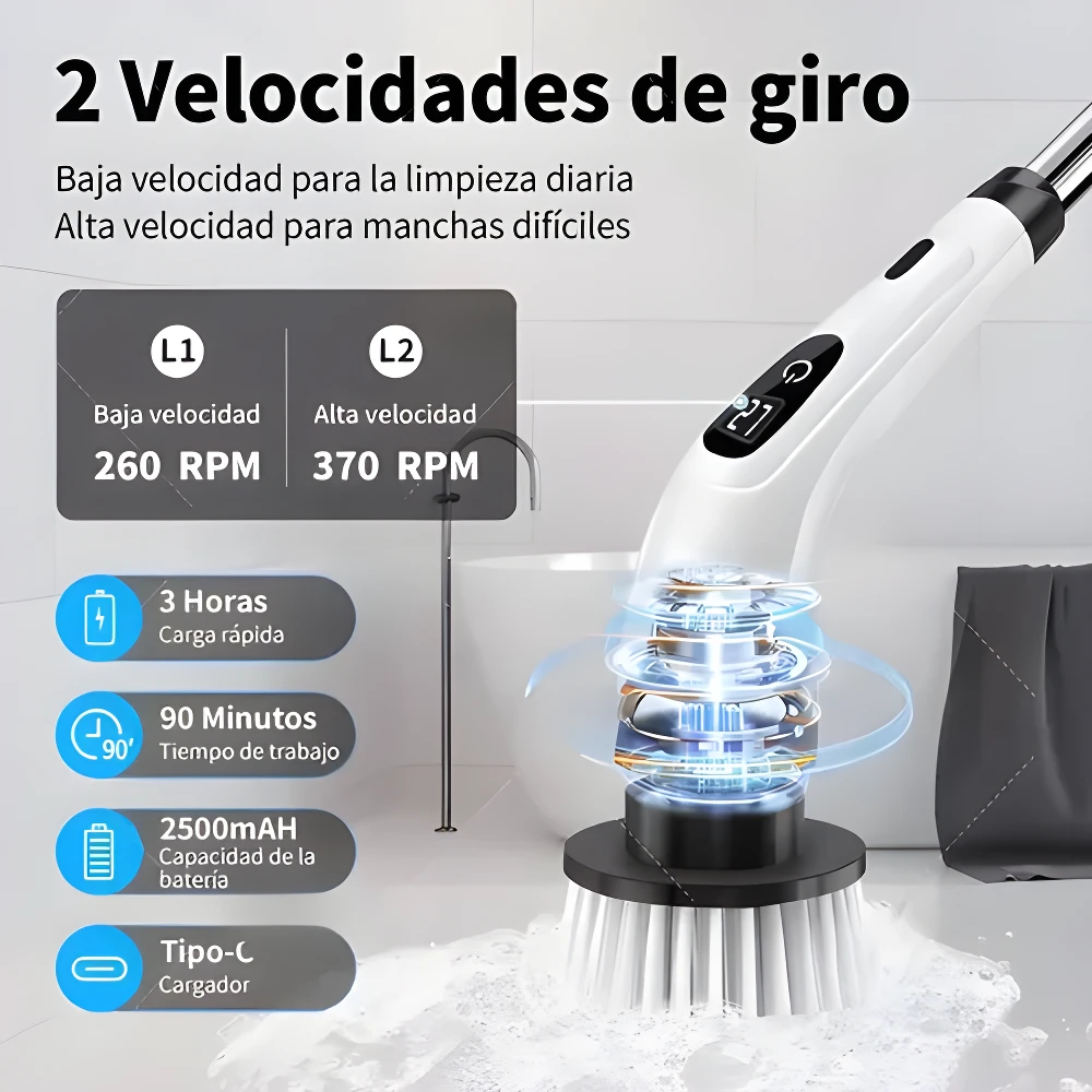 Cepillo eléctrico de limpieza blanco con dos velocidades: 260 RPM para limpieza diaria y 370 RPM para manchas difíciles.