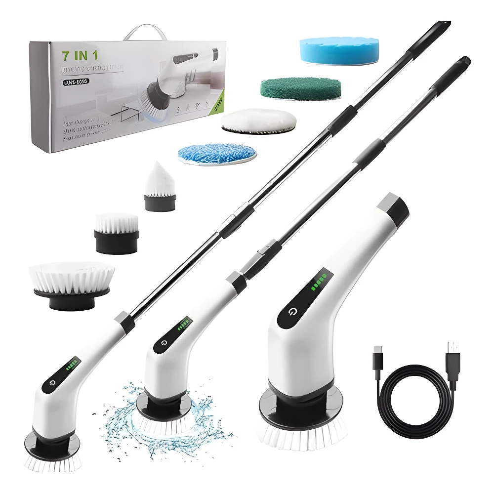 Cepillo eléctrico de limpieza 7 en 1 blanco con varios accesorios y mango extensible.