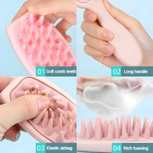 Cepillo masajeador de cuero cabelludo rosa. Detalle de púas suaves, mango ergonómico y espuma abundante.