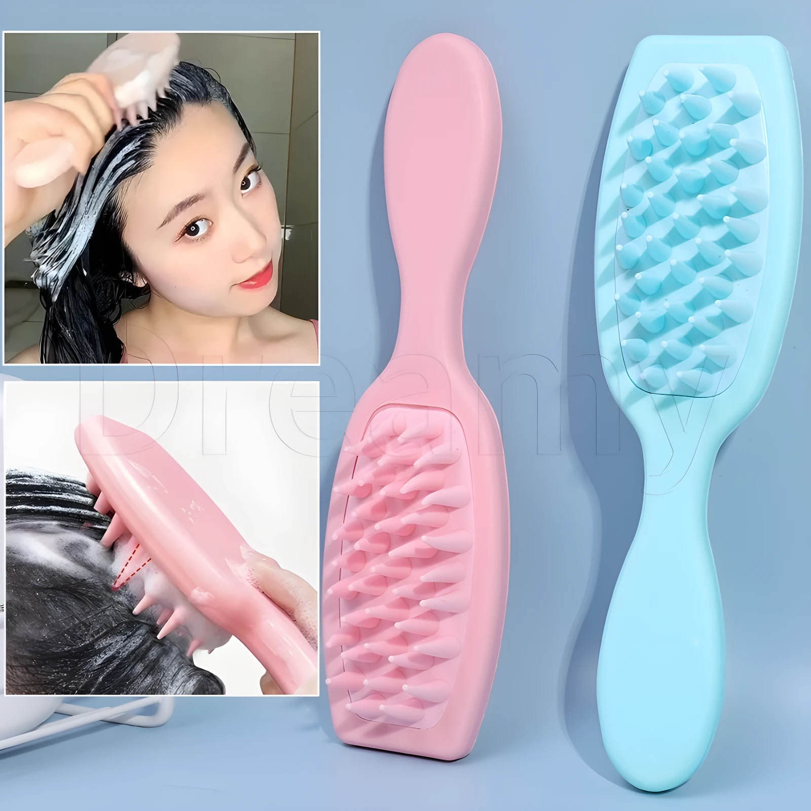Cepillo masajeador de cuero cabelludo ergonómico rosa y azul con cerdas de silicona suaves.