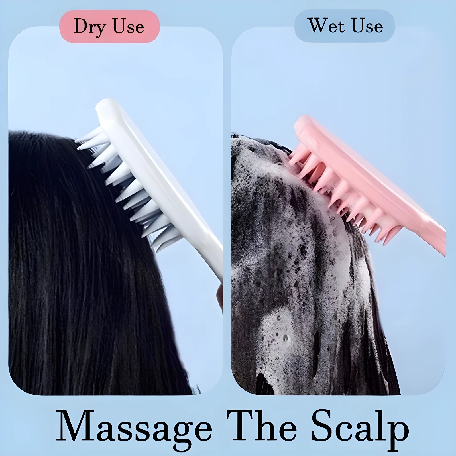 Cepillo masajeador de cuero cabelludo blanco para uso en seco y rosa para uso mojado con espuma.
