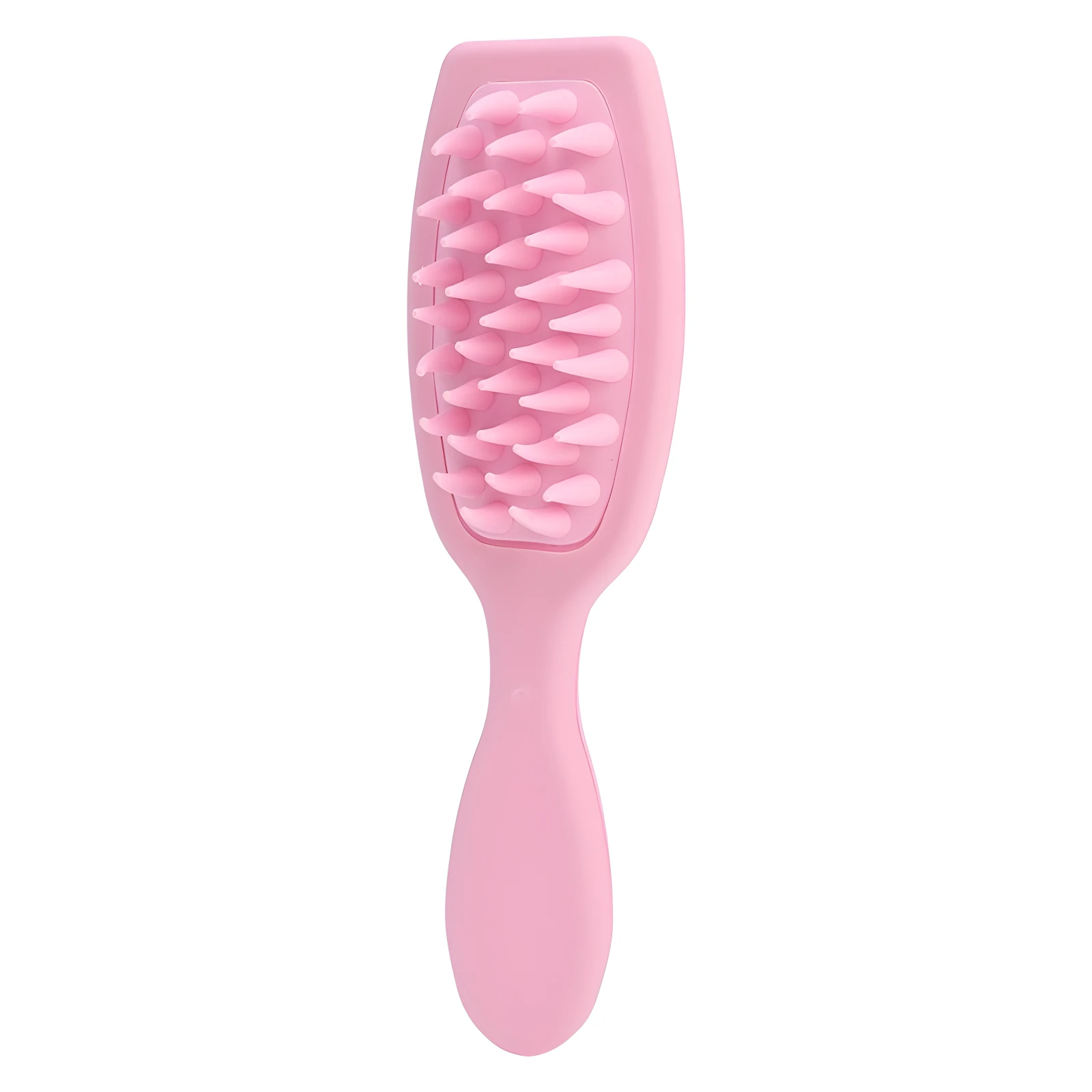 Cepillo masajeador de cuero cabelludo rosa con cerdas flexibles, ergonómico para exfoliar y estimular circulación.