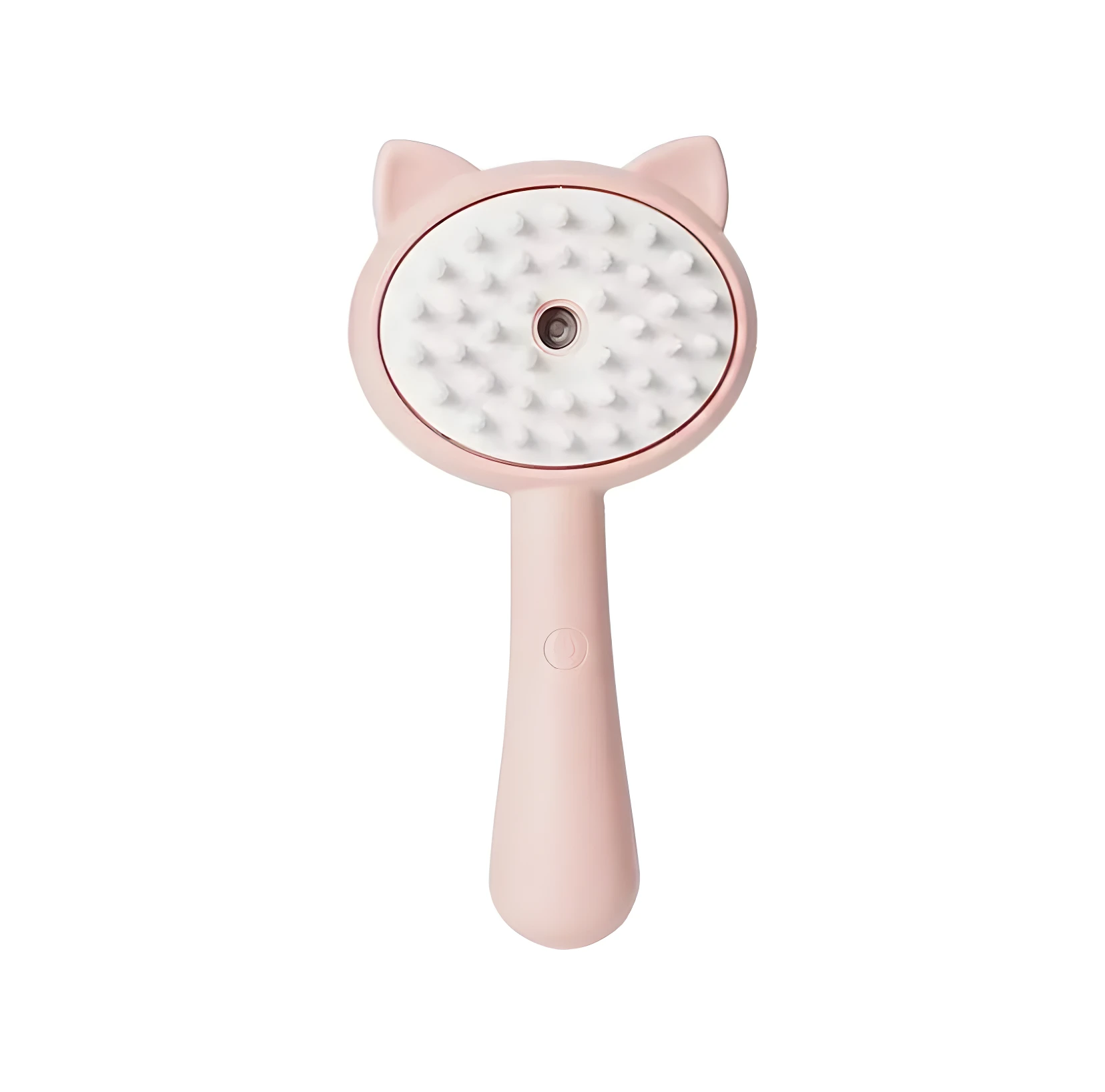 Cepillo vaporizador rosa para mascotas con almohadilla de silicona blanca de púas y forma de cabeza de gato.