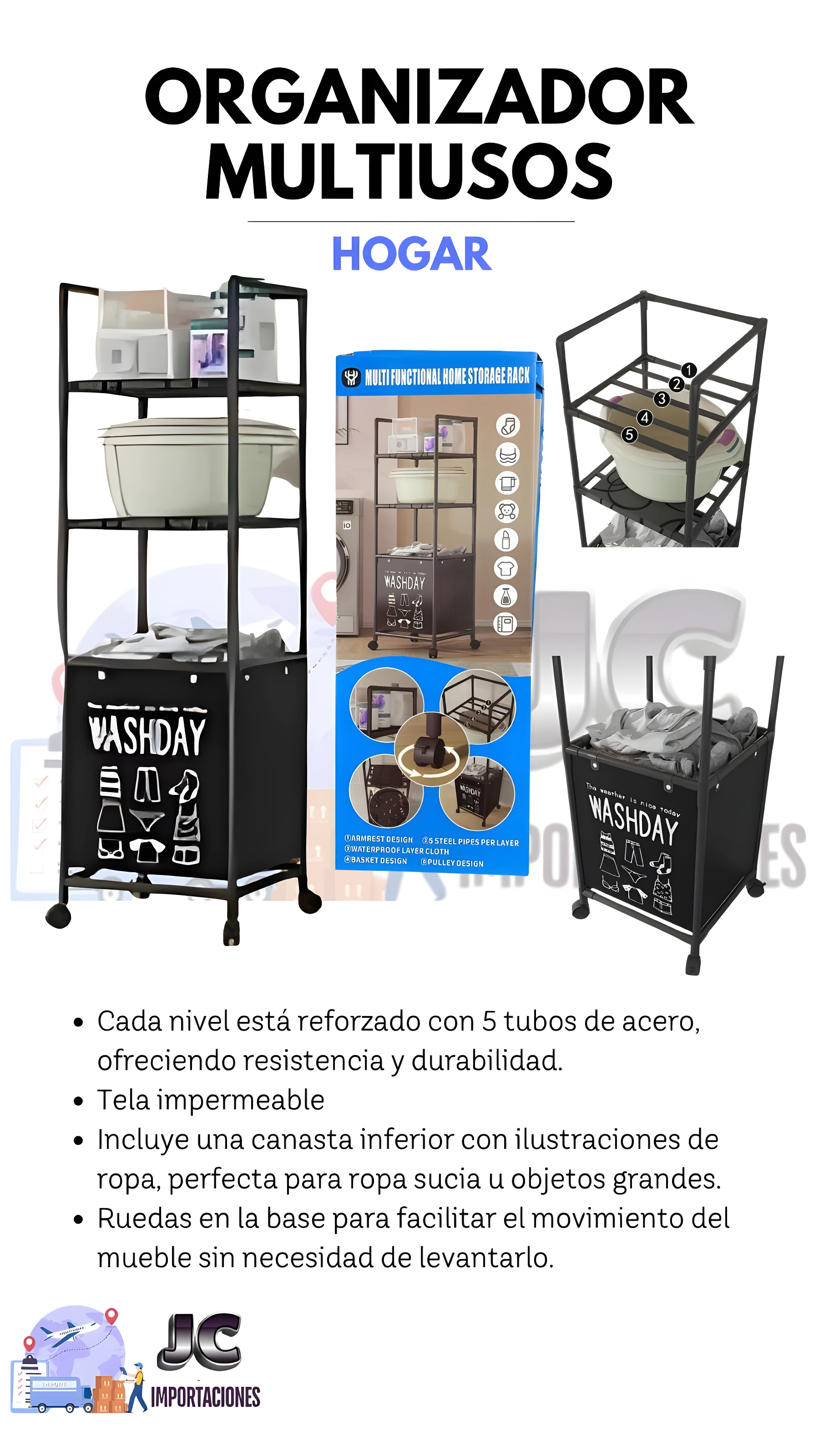 Cesta de ropa sucia de 3 niveles, con diseño moderno negro y ruedas, ideal para organizar el hogar.