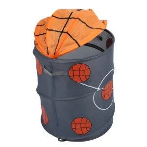 Cesta barril organizadora de poliéster gris con diseño de baloncesto naranja, ideal para juguetes.