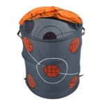 Cesta organizadora redonda de poliéster gris con diseño de baloncesto, tapa naranja, ideal para juguetes.