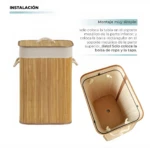 Cesta de ropa sucia de bambú, con forro interior y tapa, vista frontal y superior, montaje fácil.