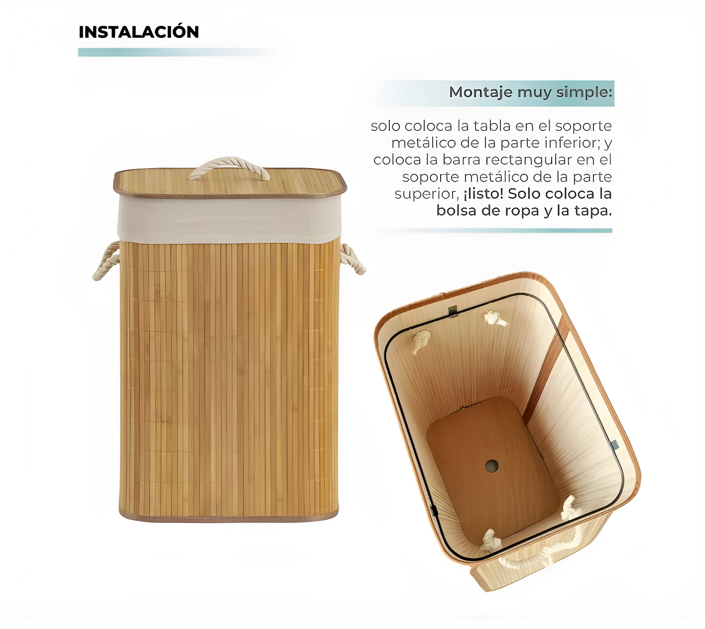 Cesta de ropa sucia de bambú, con forro interior y tapa, vista frontal y superior, montaje fácil.