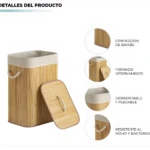 Cesta de ropa sucia de bambú con forro textil, tapa y asas de cuerda, resistente a moho.