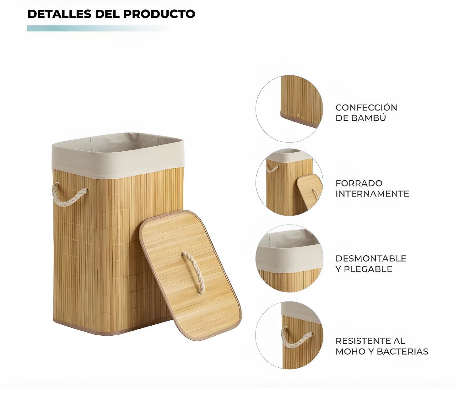 Cesta de ropa sucia de bambú con forro textil, tapa y asas de cuerda, resistente a moho.