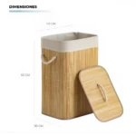 Cesta de ropa sucia de bambú con forro de tela y tapa, 60x40x30 cm.