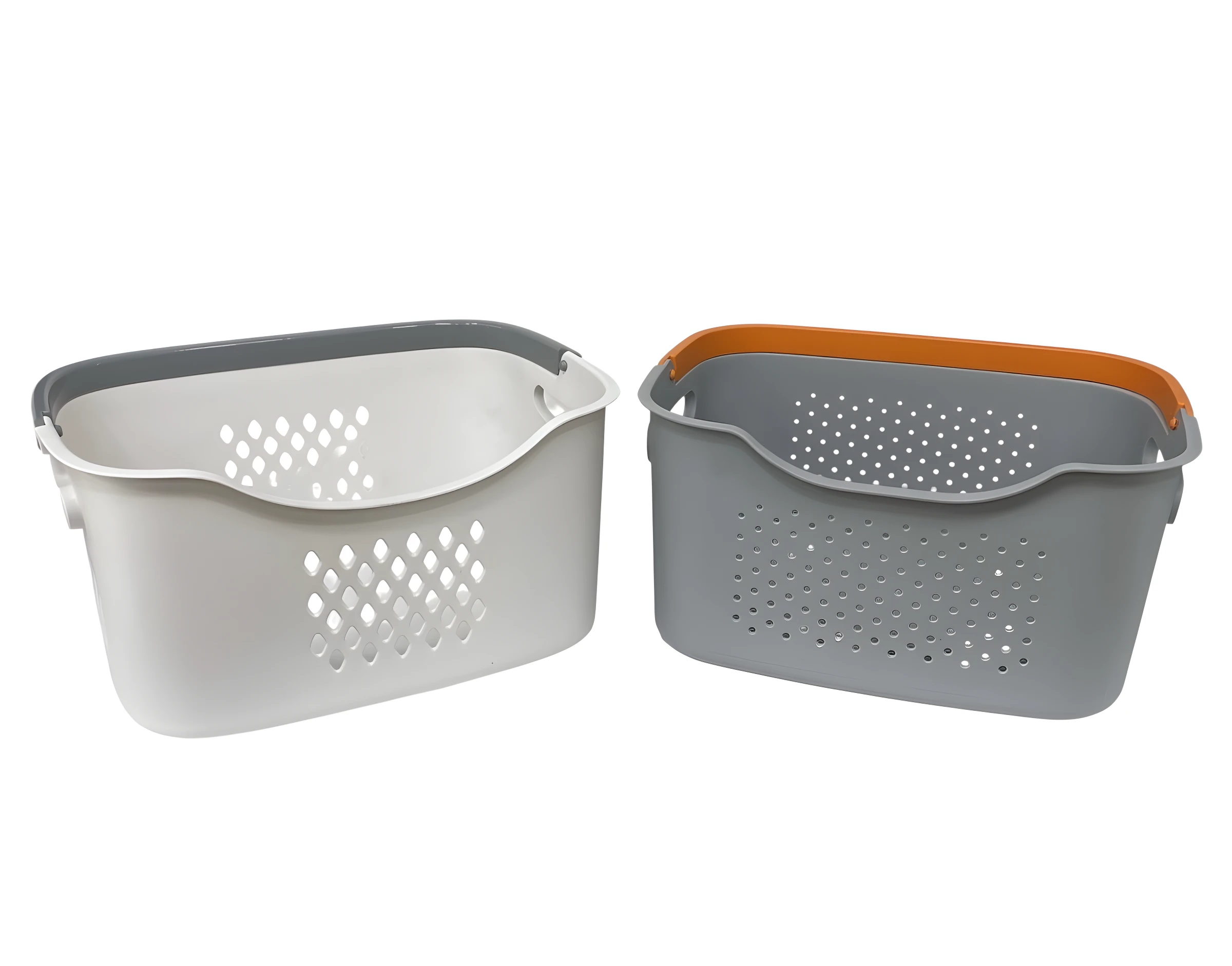 Cestas organizadoras blancas y grises, perforadas, para lavandería y juguetes.