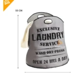 Cesta organizadora de ropa gris para lavandería con texto "Exclusive Laundry Service", 55cm alto x 47cm ancho.