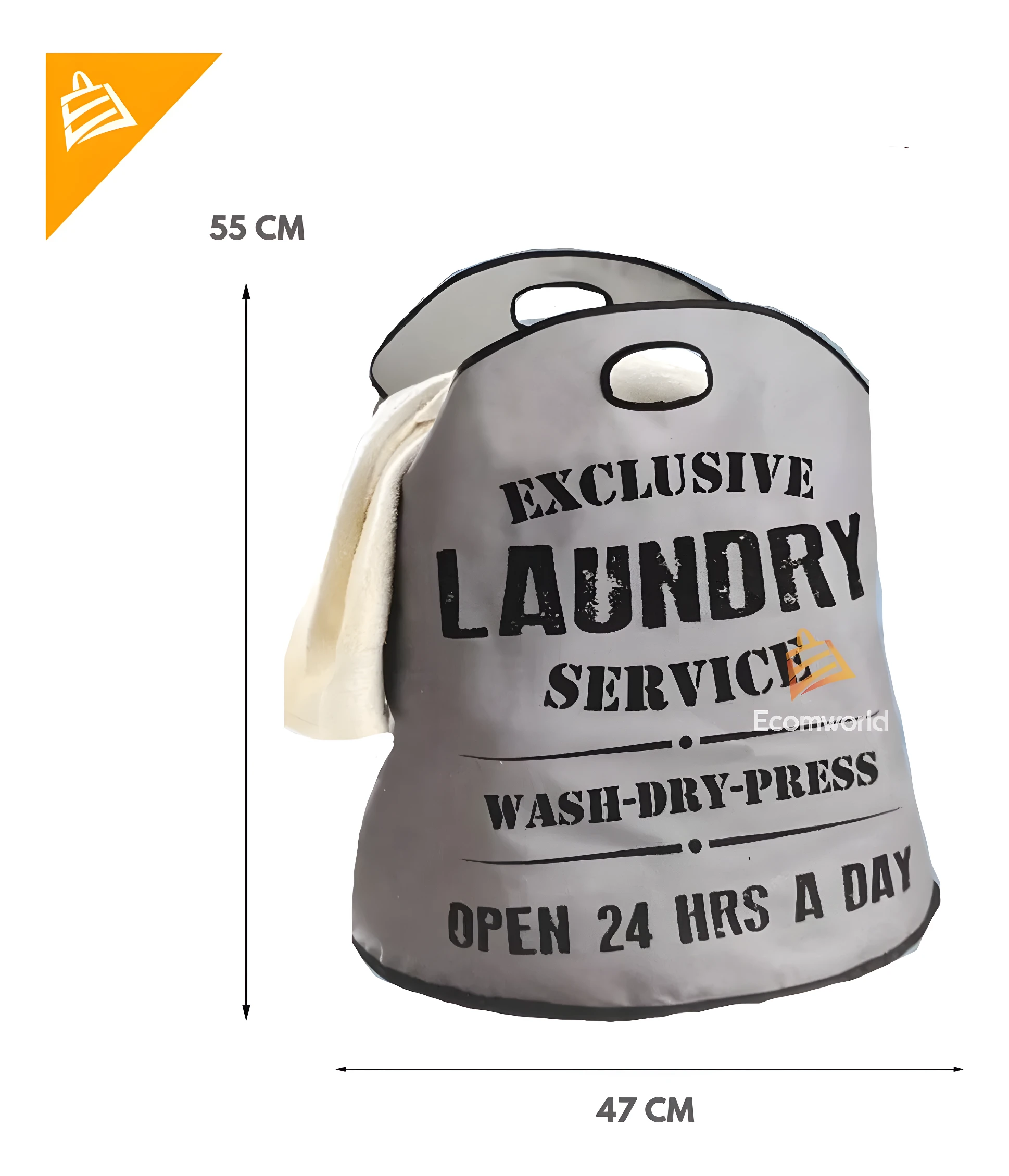 Cesta organizadora de ropa gris para lavandería con texto "Exclusive Laundry Service", 55cm alto x 47cm ancho.