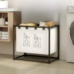 Cesta organizadora de ropa blanca con diseño de lavadoras, estructura negra, para lavandería.