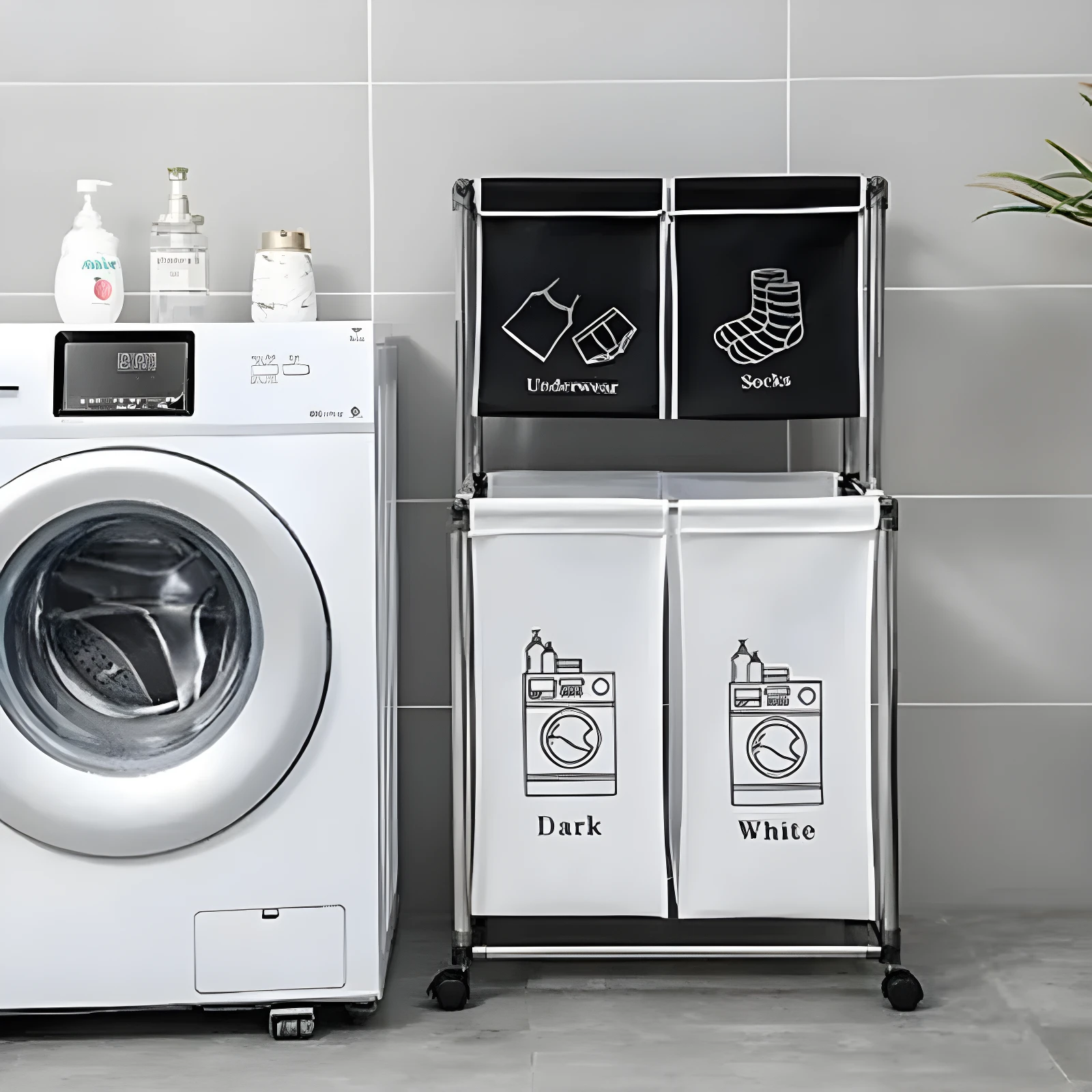 Cesta de ropa sucia de 4 divisiones, blanca y negra, con compartimentos para ropa oscura y clara.