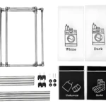 Cesta de ropa sucia con estructura metálica y bolsas separadoras para ropa blanca, oscura, interior y calcetines.