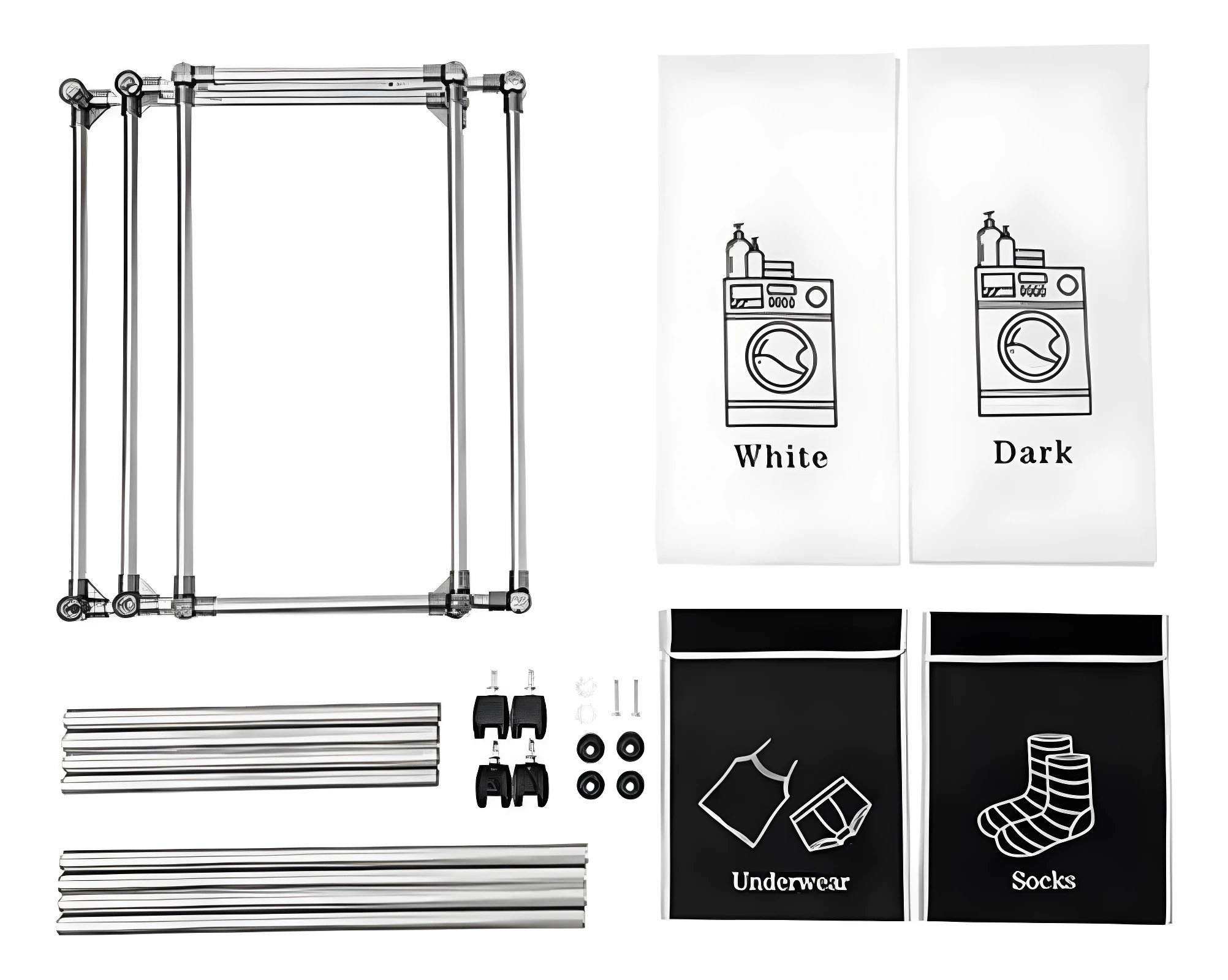 Cesta de ropa sucia con estructura metálica y bolsas separadoras para ropa blanca, oscura, interior y calcetines.