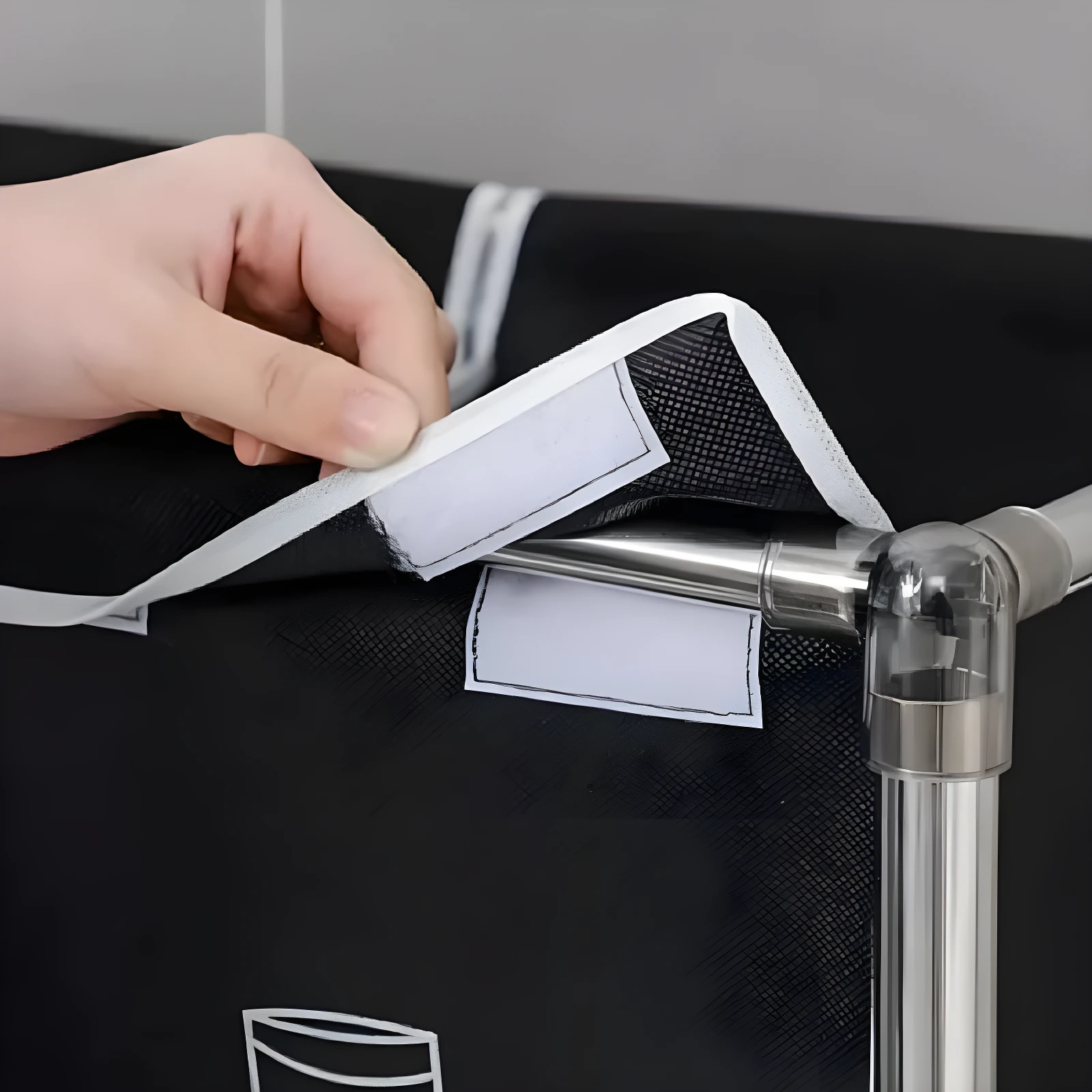 Mano abrochando velcro a cesta de ropa sucia negra de 4 divisiones, estructura metálica.