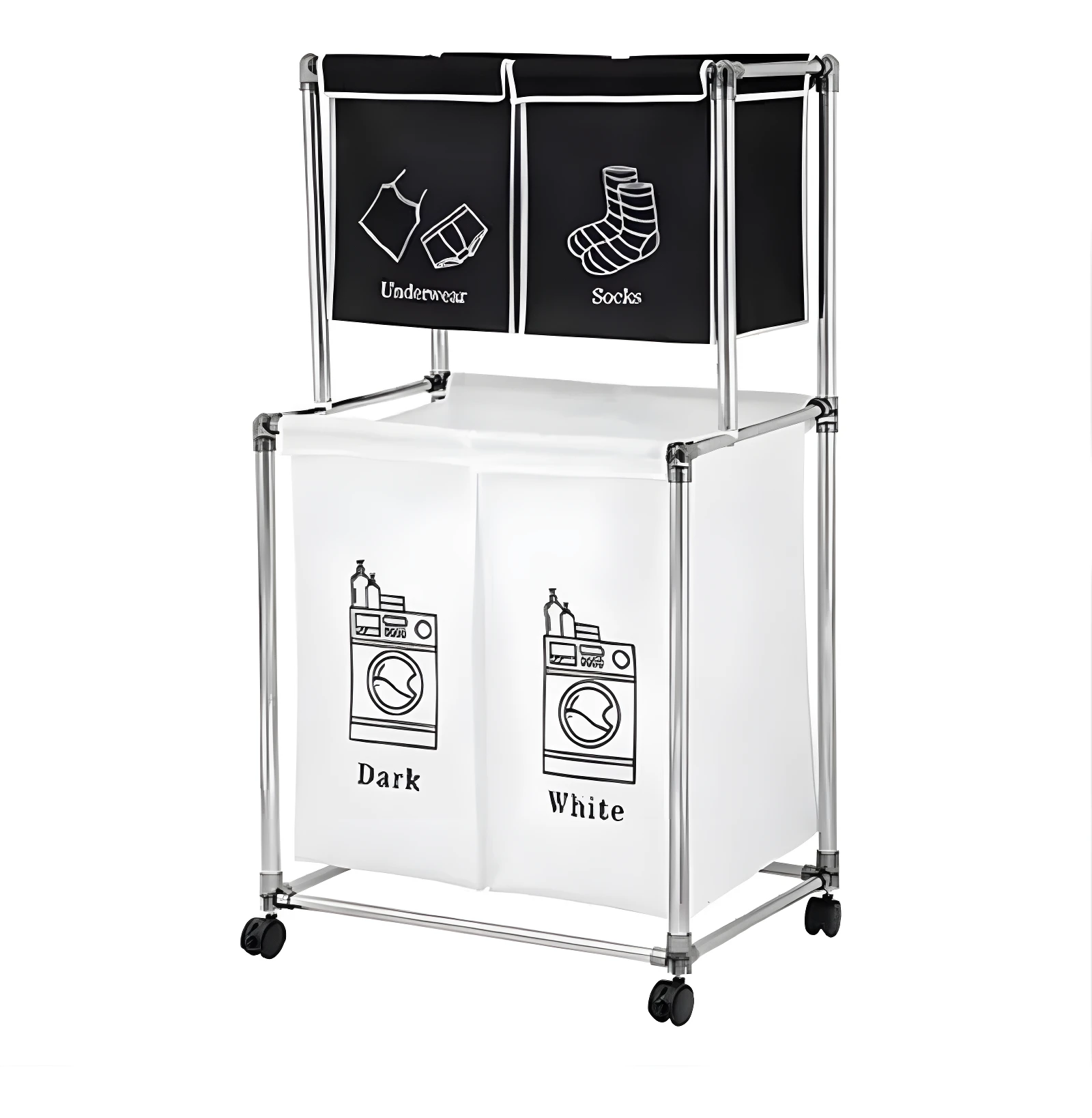 Cesta para ropa sucia con 4 divisiones: 2 negras para ropa interior/calcetines y 2 blancas para ropa oscura/clara.