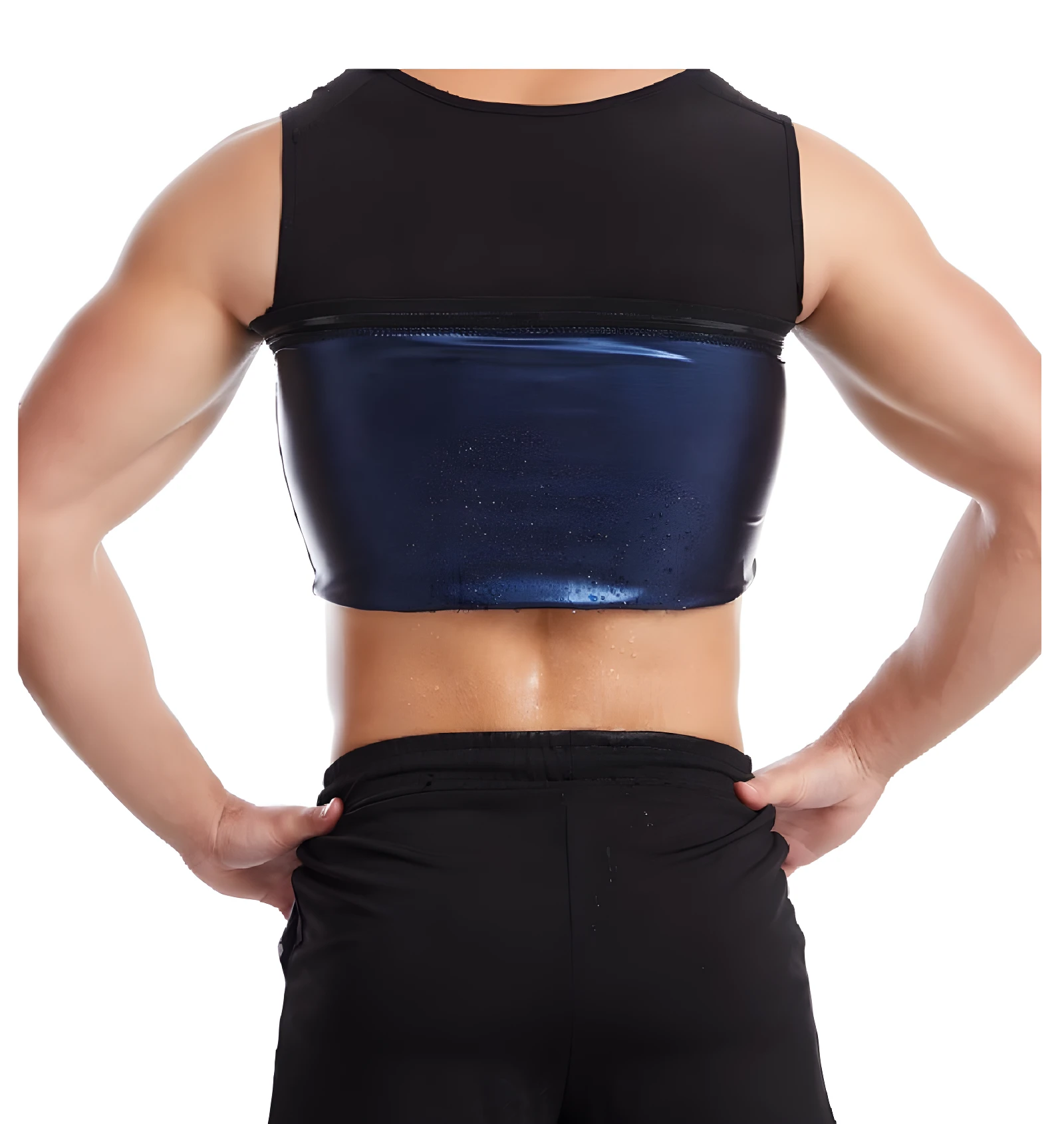 Espalda de hombre con chaleco térmico azul brillante para sudoración, realzando musculatura.