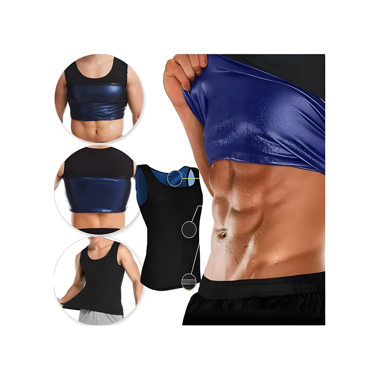 Chaleco reductor térmico para hombre azul y negro, ideal para sudoración y quema de grasa.