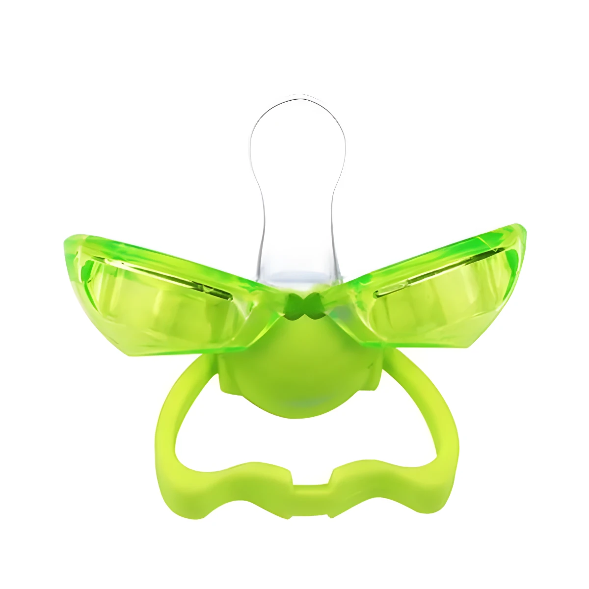 Chupete de bebé verde con diseño de alas y cierre automático de tetina.