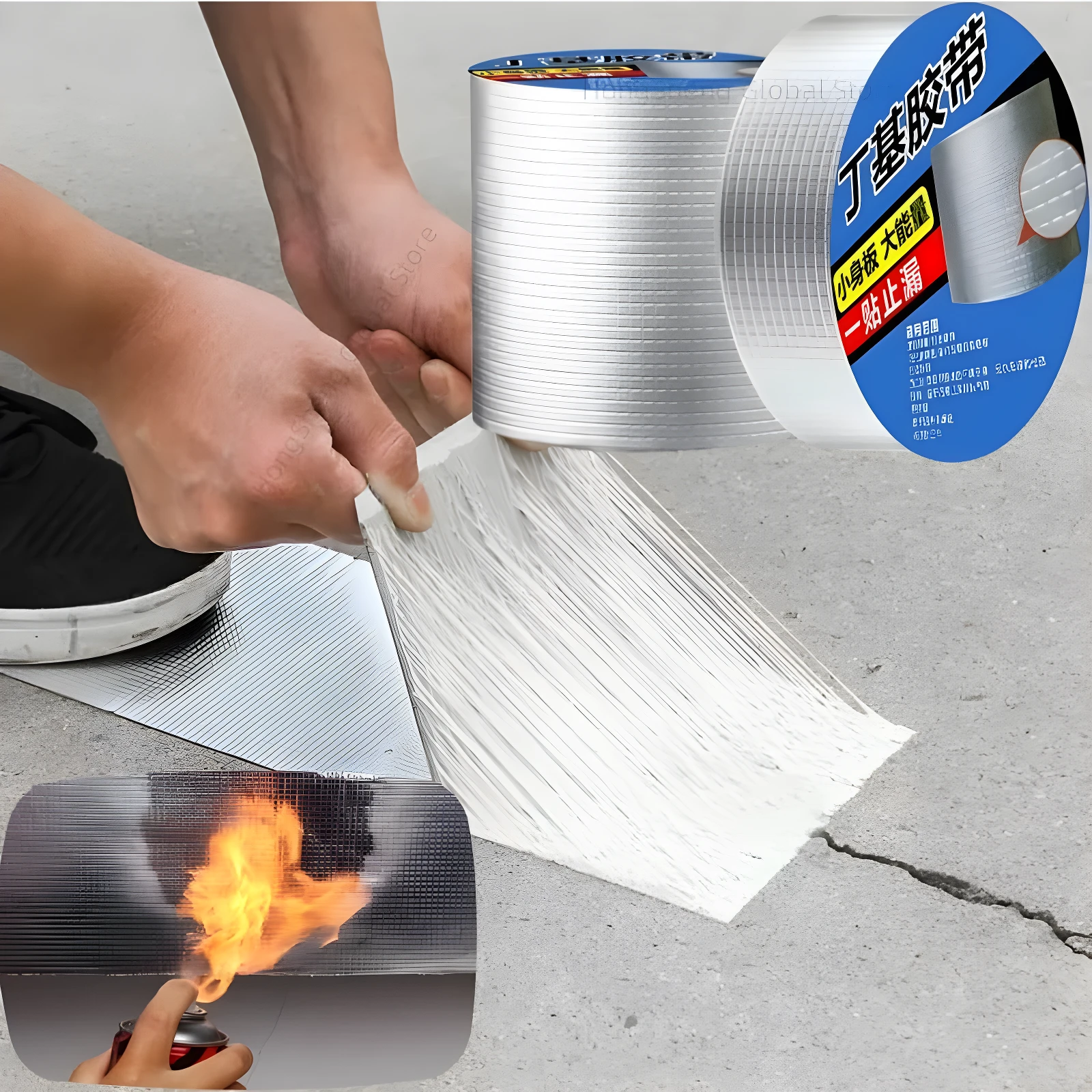 Aplicación de cinta butilo adhesiva plateada sobre grieta en concreto, mostrando capa blanca fibrosa y prueba de fuego del material.
