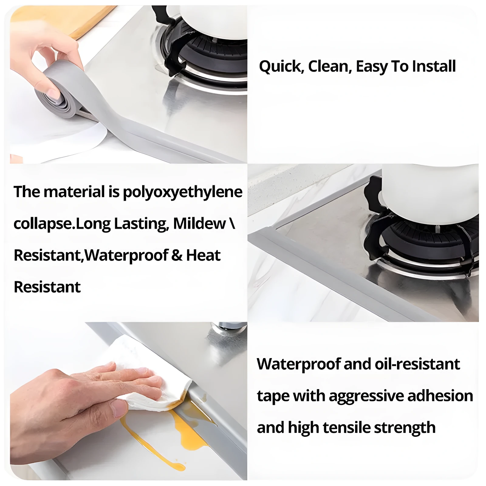 Cinta de sellado gris de polioxietileno instalándose alrededor de estufa de acero inoxidable, resistente a agua y aceite.
