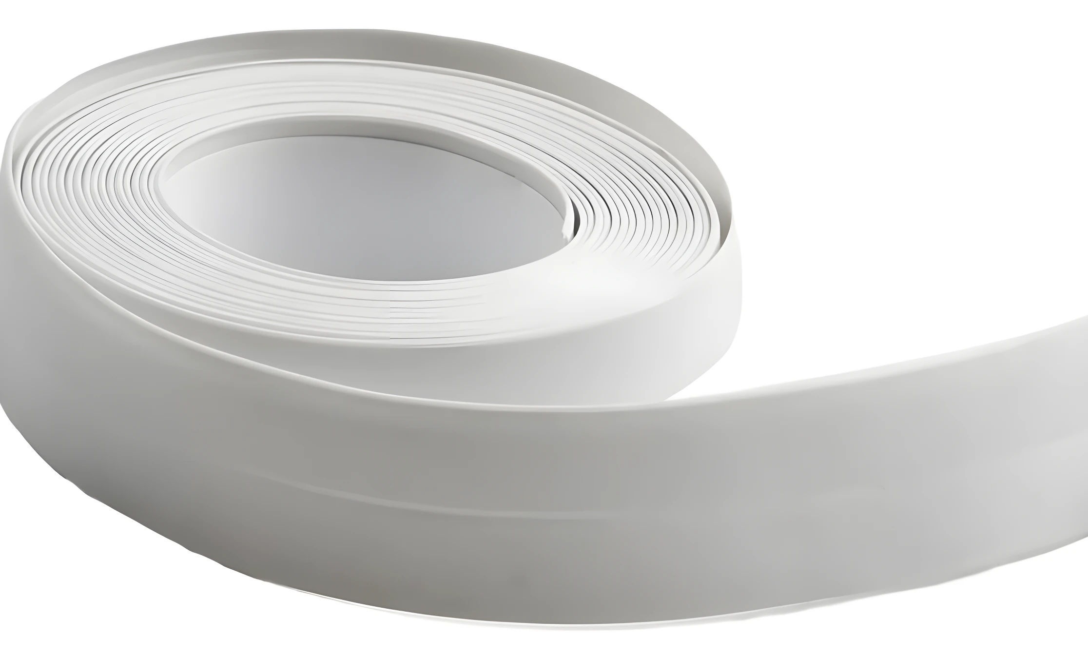 Rollo de cinta selladora blanca para juntas de pared, 32 mm, mostrando el perfil redondeado y superficie lisa.