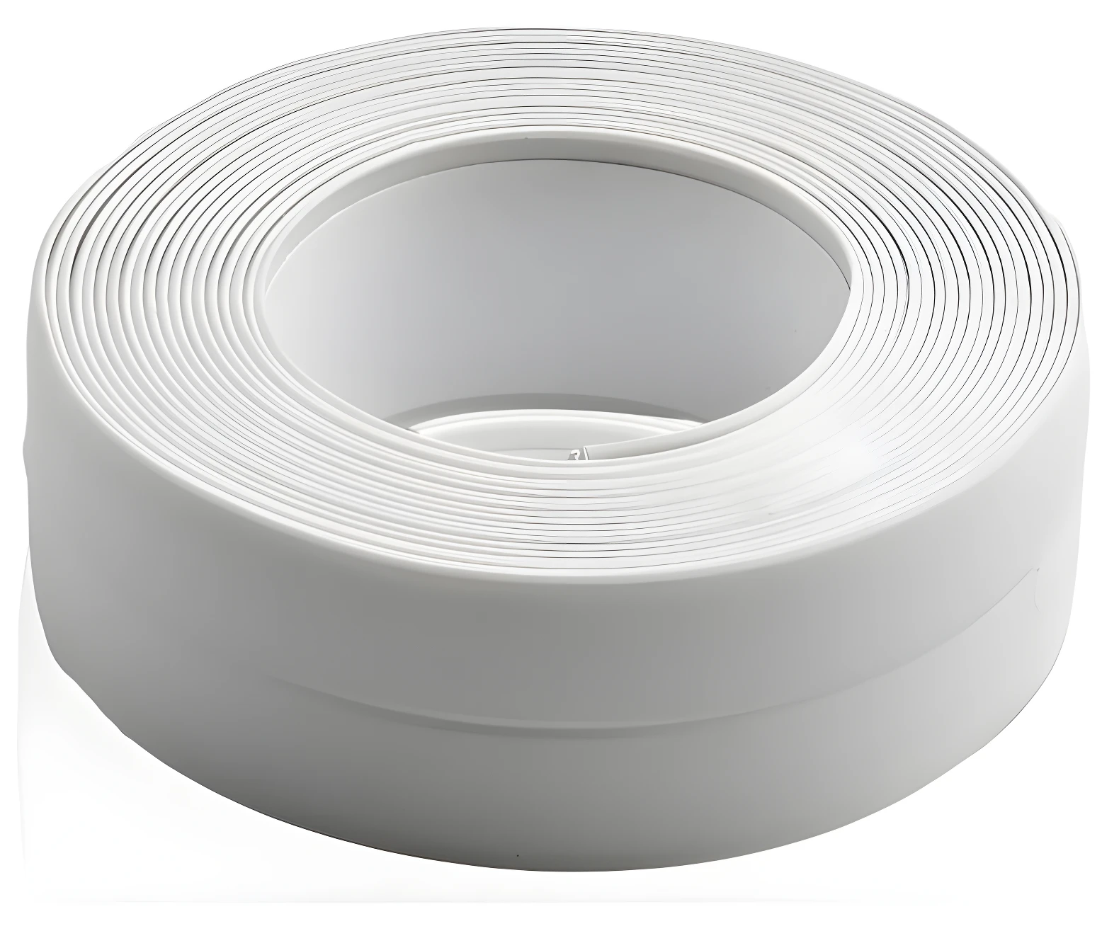 Rollo de cinta selladora blanca de 32 mm para bordes de pared, mostrando la textura enrollada.