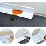 Borde blanco autoadhesivo para sellado de esquinas, mostrando resistencia a líquido café derramado y sus detalles de instalación.