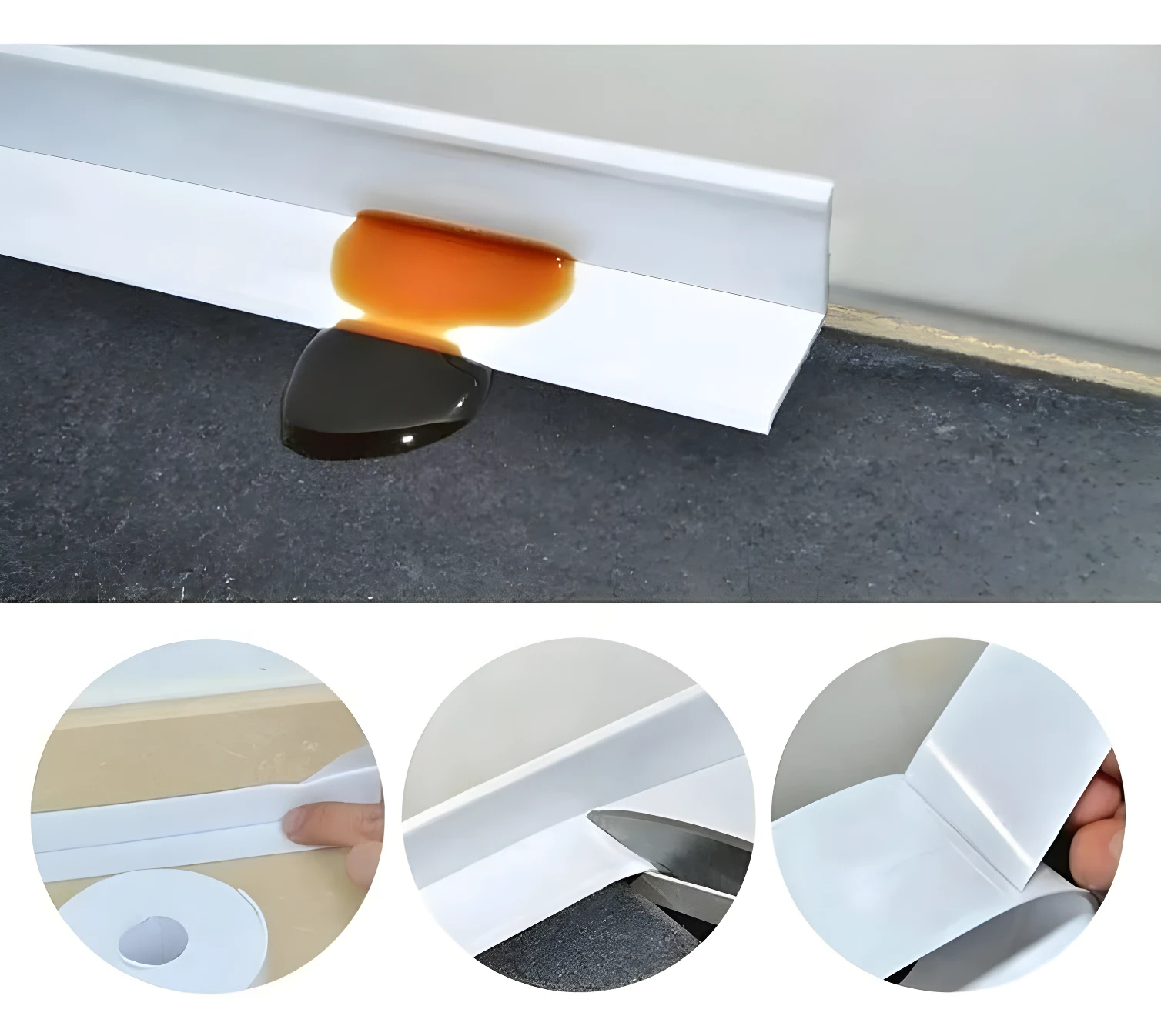 Borde blanco autoadhesivo para sellado de esquinas, mostrando resistencia a líquido café derramado y sus detalles de instalación.