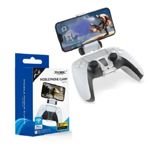 Clip para celular blanco y negro para control PS5, acopla móvil y mando para jugar cómodamente.